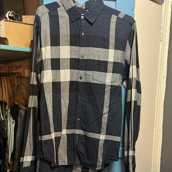 Men's Navy and White Plaid Shirt - Picture 1 of 2
